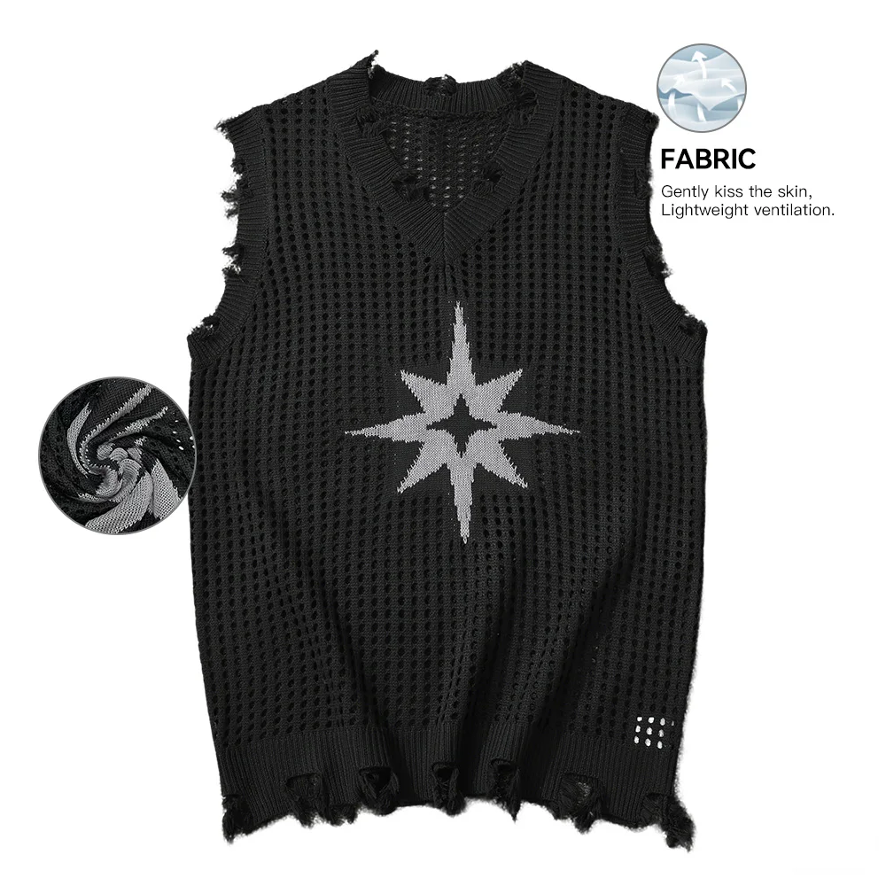 Slavinson Men's Knitted Vest Summer Solid Color Star Pattern Mesh Vest Casual Sleeveless Breathable Woolen Knit Soft Top US Size