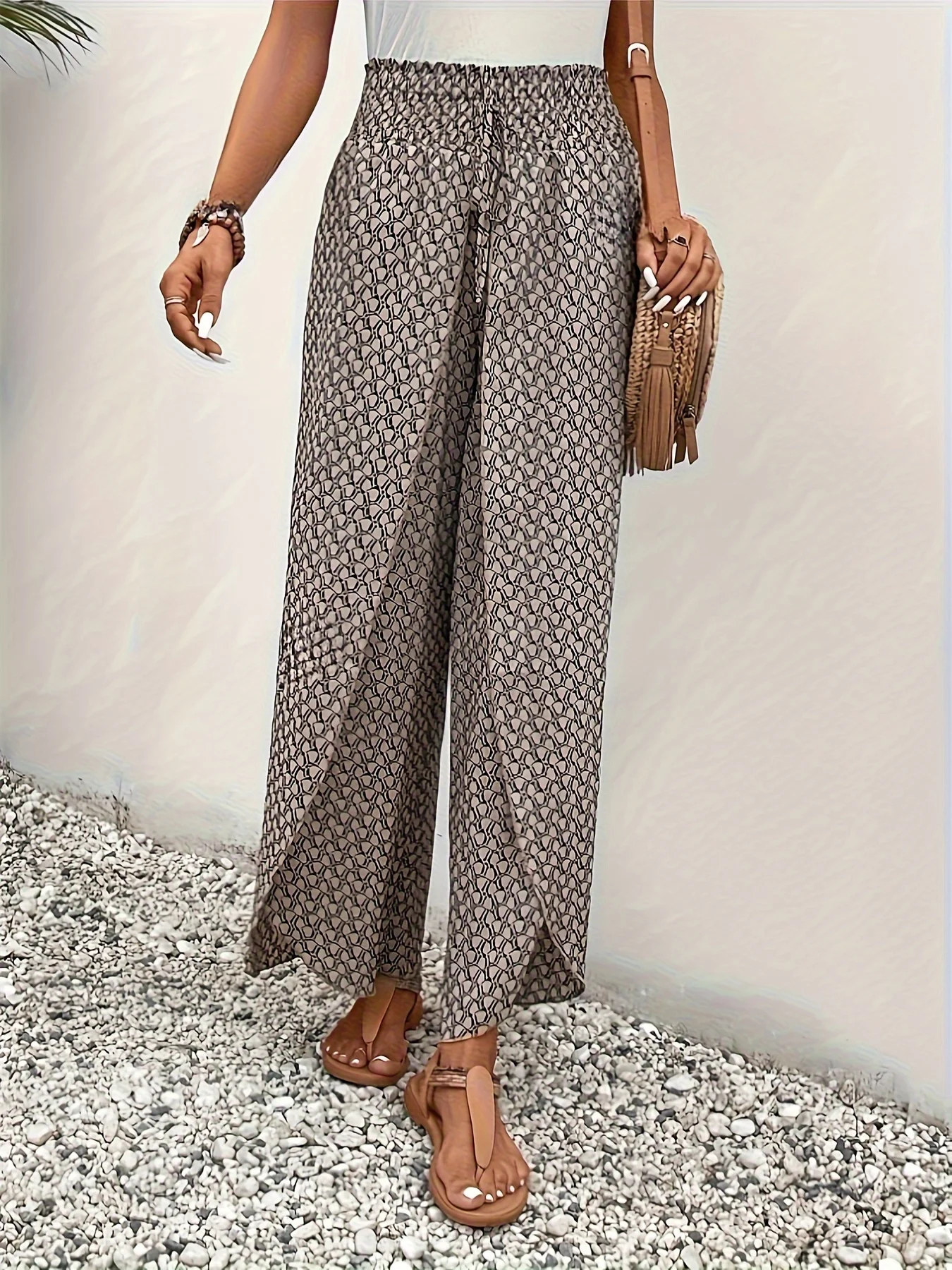 Spring Summer Women Elegant Wide Legs Pants Casual Vacation Beach Print Trousers Office Lady Loose High Waist Pants