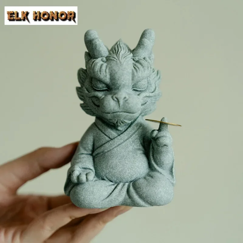 Green Sandstone Divine Dragon Tea Pet Creative Lucky Dragon Incense Burner Traditional Tea Figurine Chinese Tea Set Ornaments