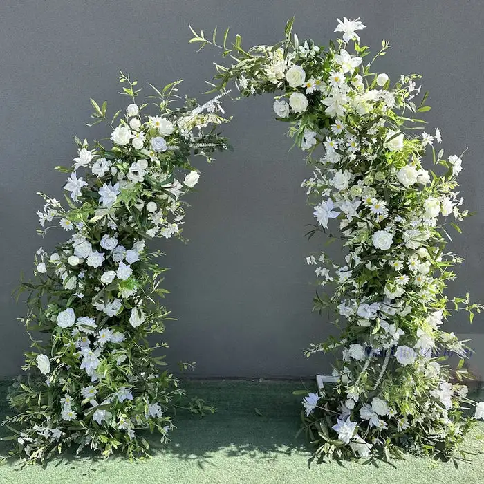 

White roses and Vermiculas with green horned flower arch wedding background decorative props Birthday event party stage setting