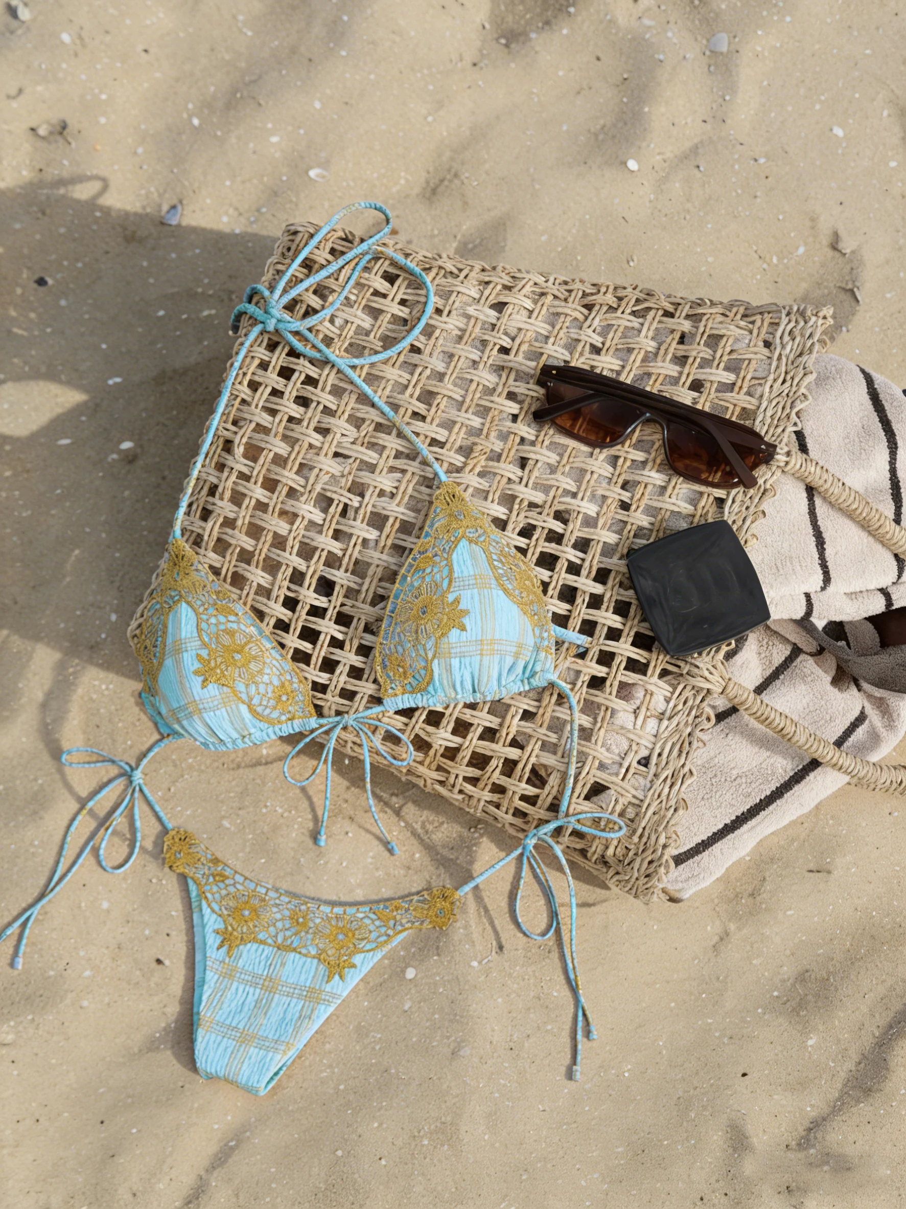 Conjunto de bikini de encaje con lazo lateral, traje de baño bordado para vacaciones en la playa, bikini halter con tiras, traje de baño para resort