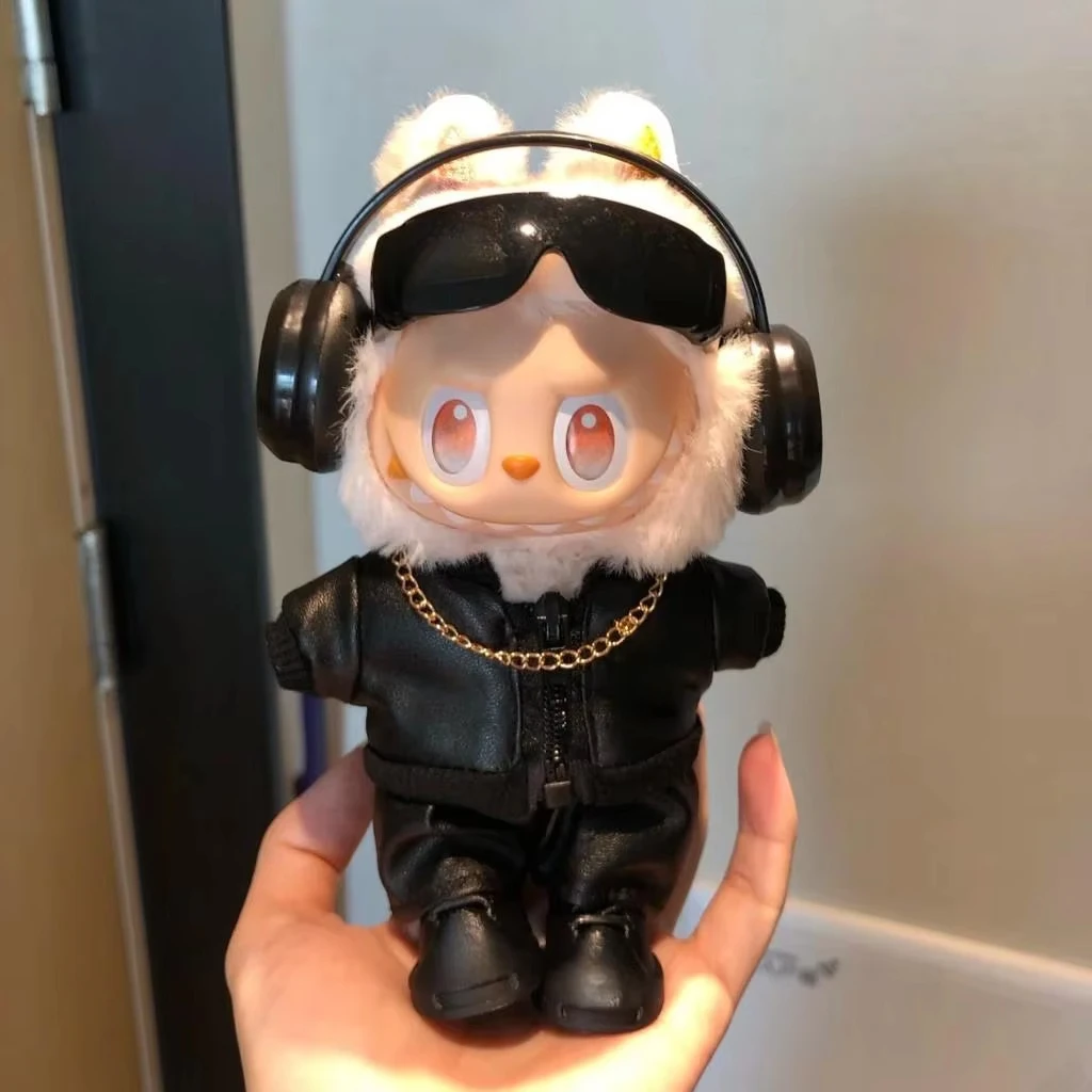 

Labubu 1st-3rd Gen 15/17cm Doll Hip-Hop Style Outfit Set Furry-Trimmed Leather Jacket Headphones Sunglasses Gold Chain
