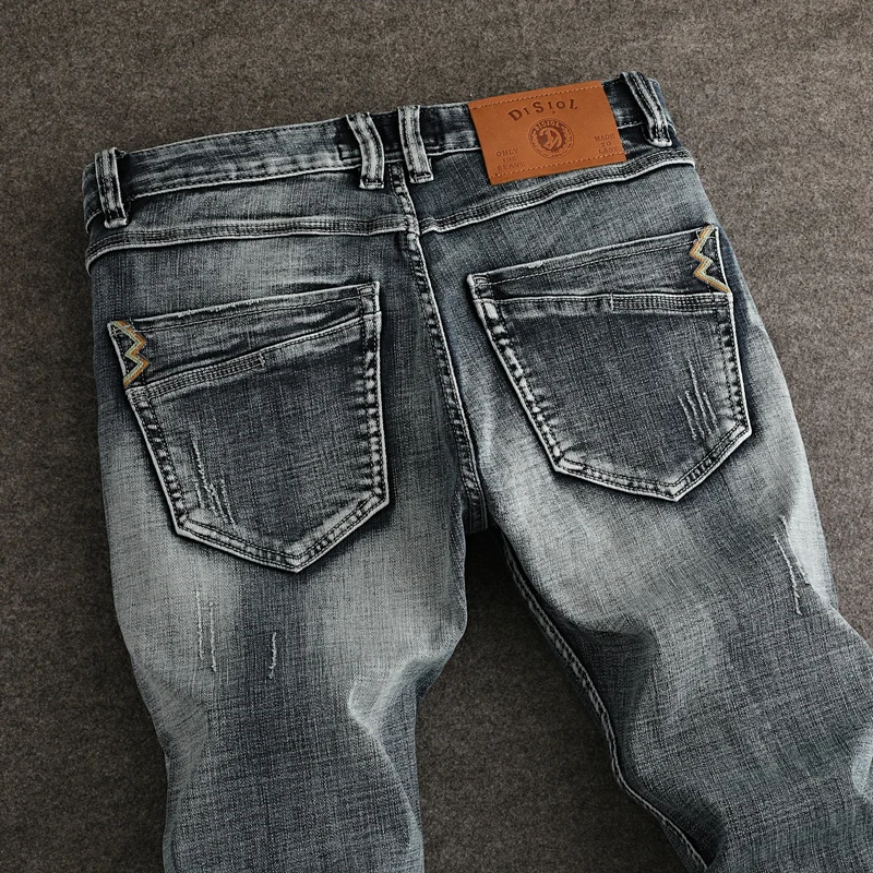 Designer Fashion Men Jeans High Quality Retro Washed Blue Stretch Slim Fit Ripped Jeans Men Y2K Embroidery Vintage Denim Pants