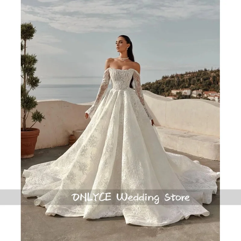 ชุดแต่งงานลูกไม้สั่งตัด แขนยาว สไตล์เจ้าหญิง สีขาวหรูหรา ชุดเจ้าสาวสั่งทำพิเศษ ชุดแต่งงาน Noiva