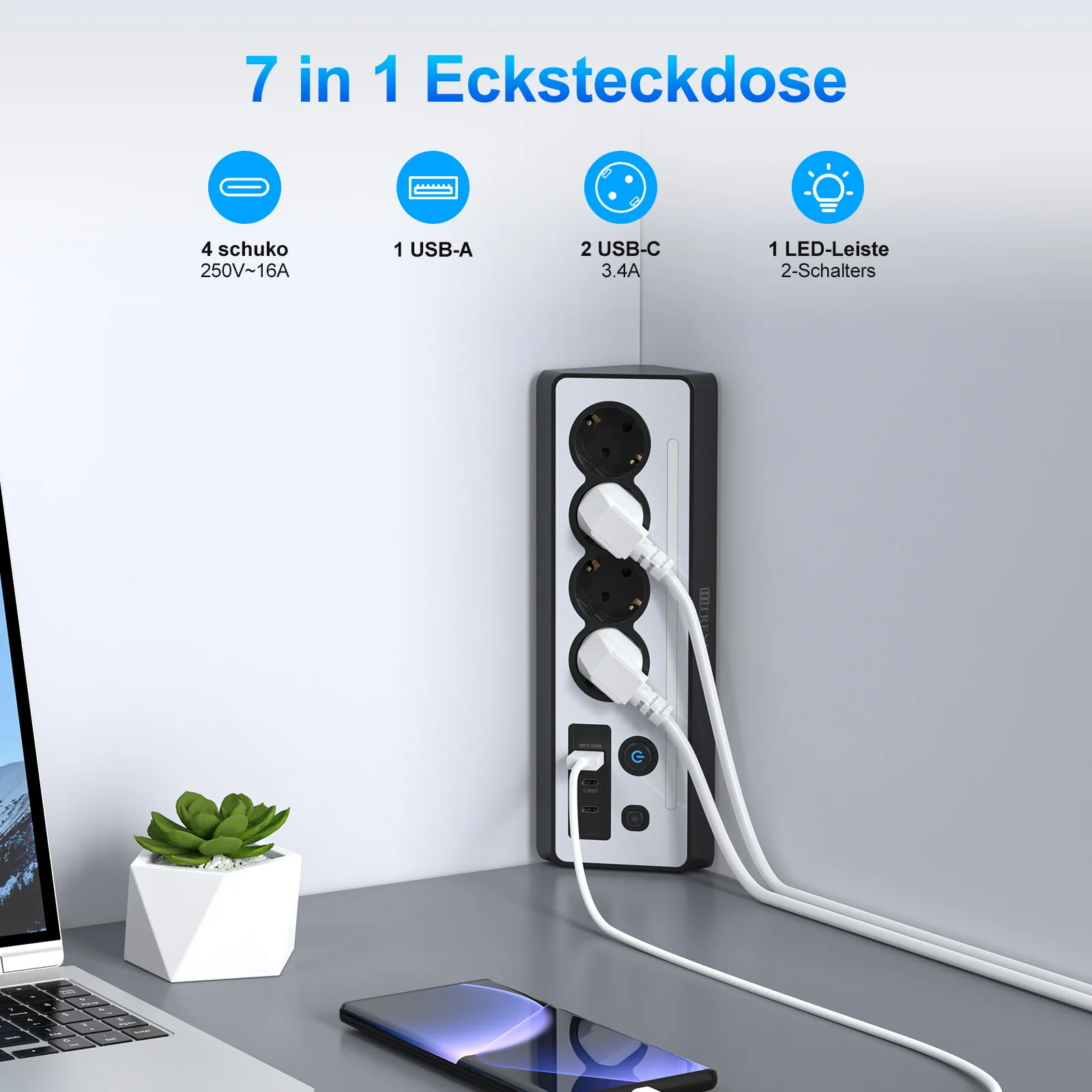 Corner Socket EU plug Power Strip with LED Light, 1.5m cable, 2 switches, Multiple Socket with USB and 2 Type-C for office