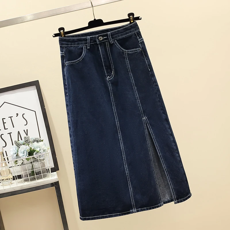 High Waist A-Line Midi Skirt Denim Versatile Split Slimming Summer New Style Korean Version Commute Pure Color Cotton Blend - view 2