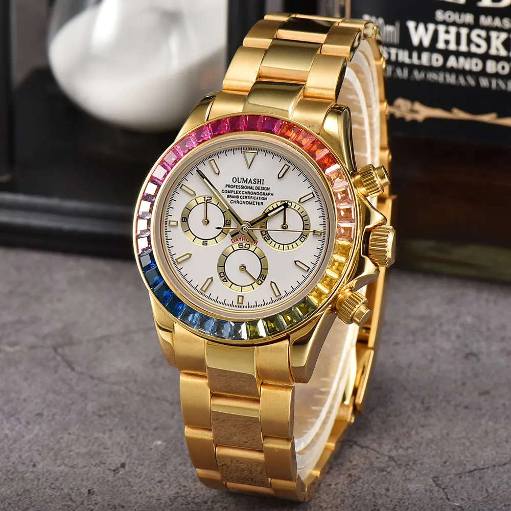 Mens Watches Luxury gemstone Bezel Men Mechanical Wristwatches Luxury Sapphire Glass Chronograph 4130 Watch Men Reloj Hombre