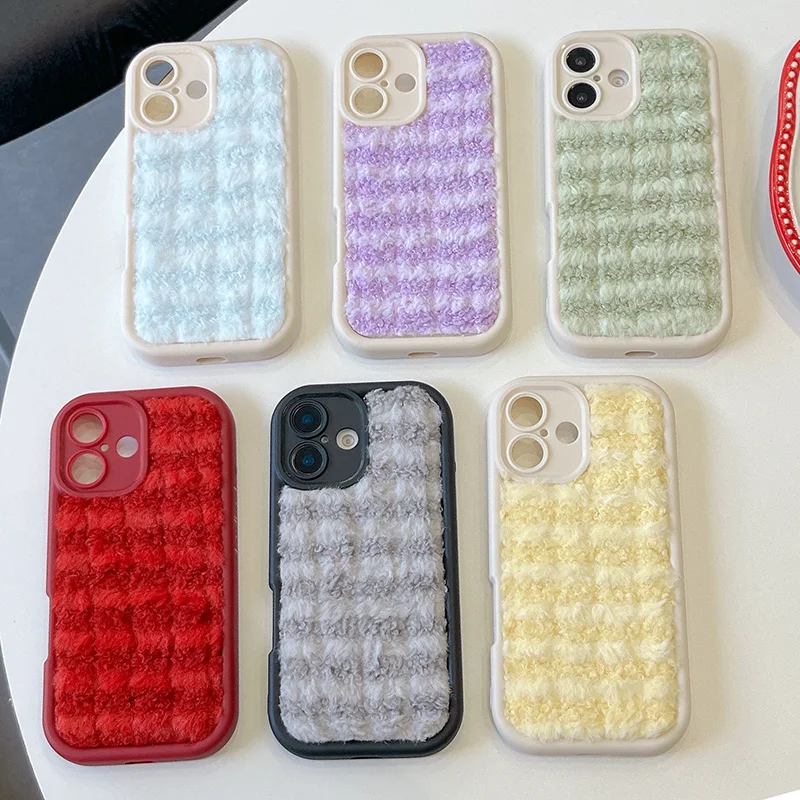 Warm Cute Wool Phone Case for IPhone 16 Pro 13 14 15 Pro Max 16plus Cover Soft Silicone Shockproof Women Girl back Cover