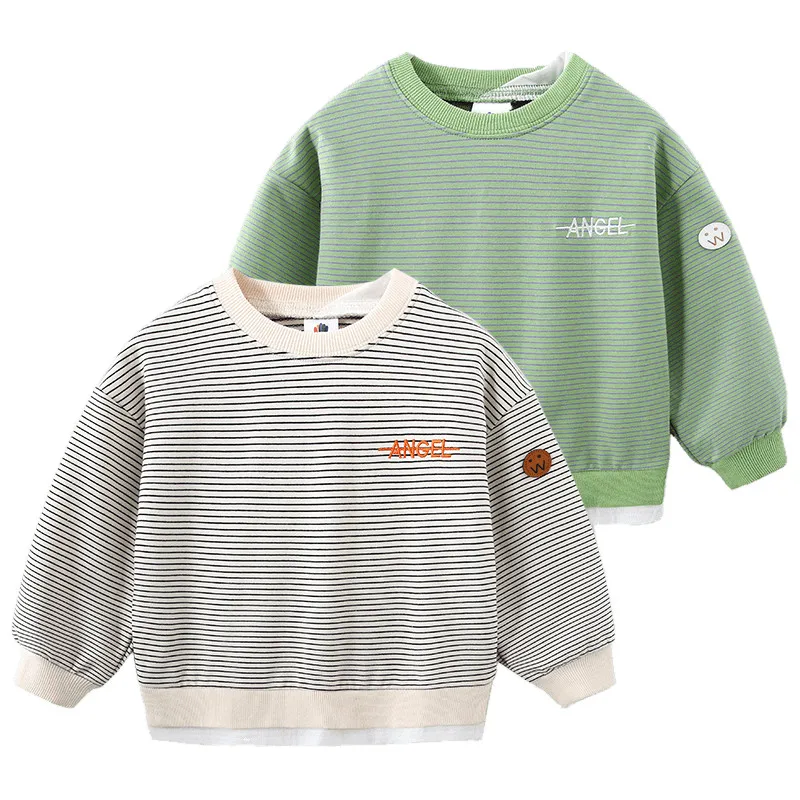 2024 Spring Autumn 2 3 4 6 8 9 10 Years Children Long Sleeve Striped Print Patchwork Pullover Kids Baby Boy Basic Sweatshirt