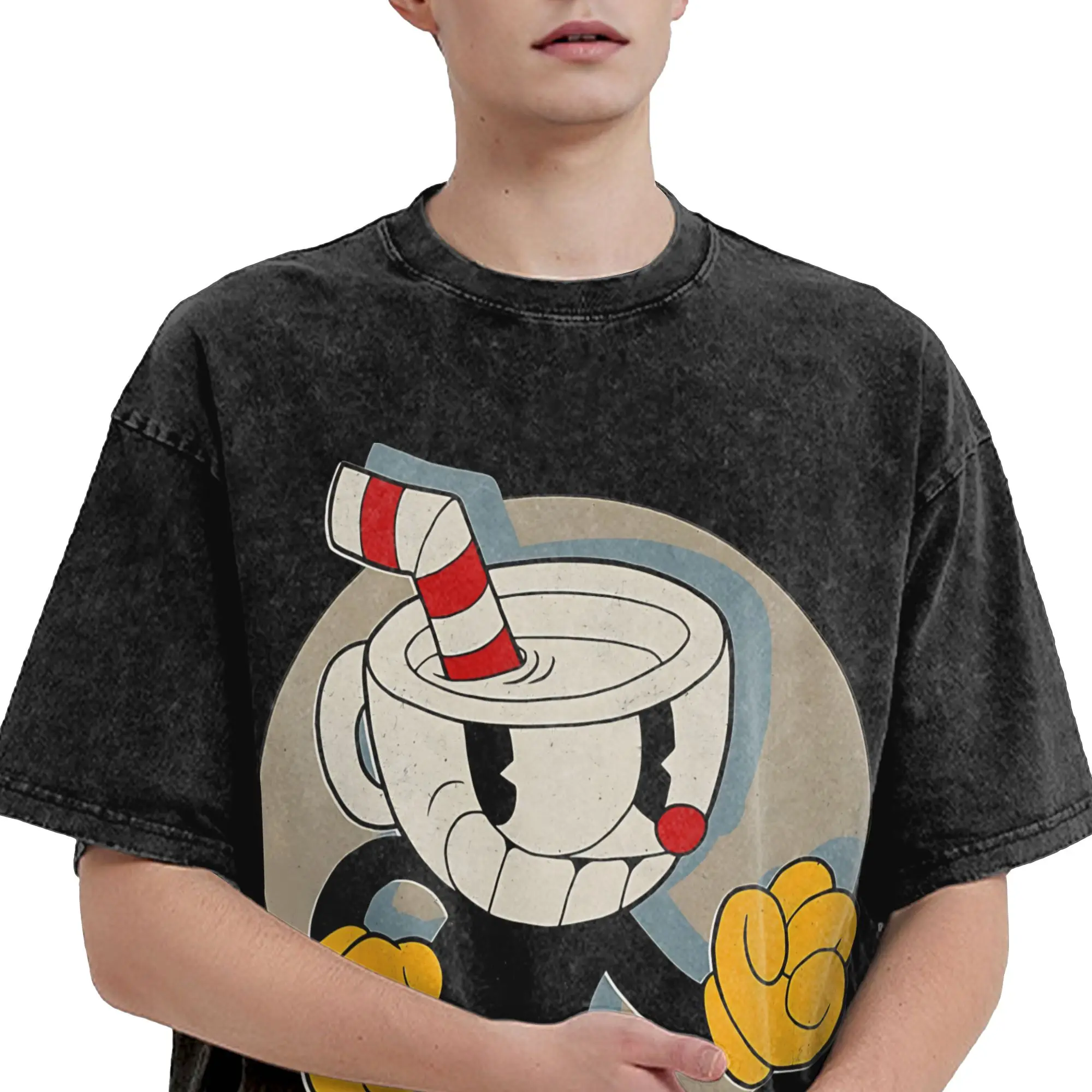 Cuphead and Mugman cup mug Accessories Washed T Shirt Men Women Streetwear Hip Hop T-Shirts Summer  Tees Short Sleeve