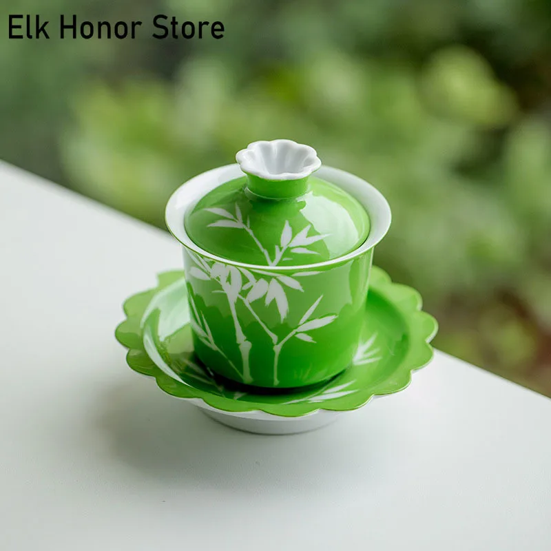 

110ml Yong Zheng Green Ceramic Tea Tureen Pure Hand Painted Green Bamboo Ridge Jade Covered Bowl Tea Maker Gaiwan Kung Fu Teaset