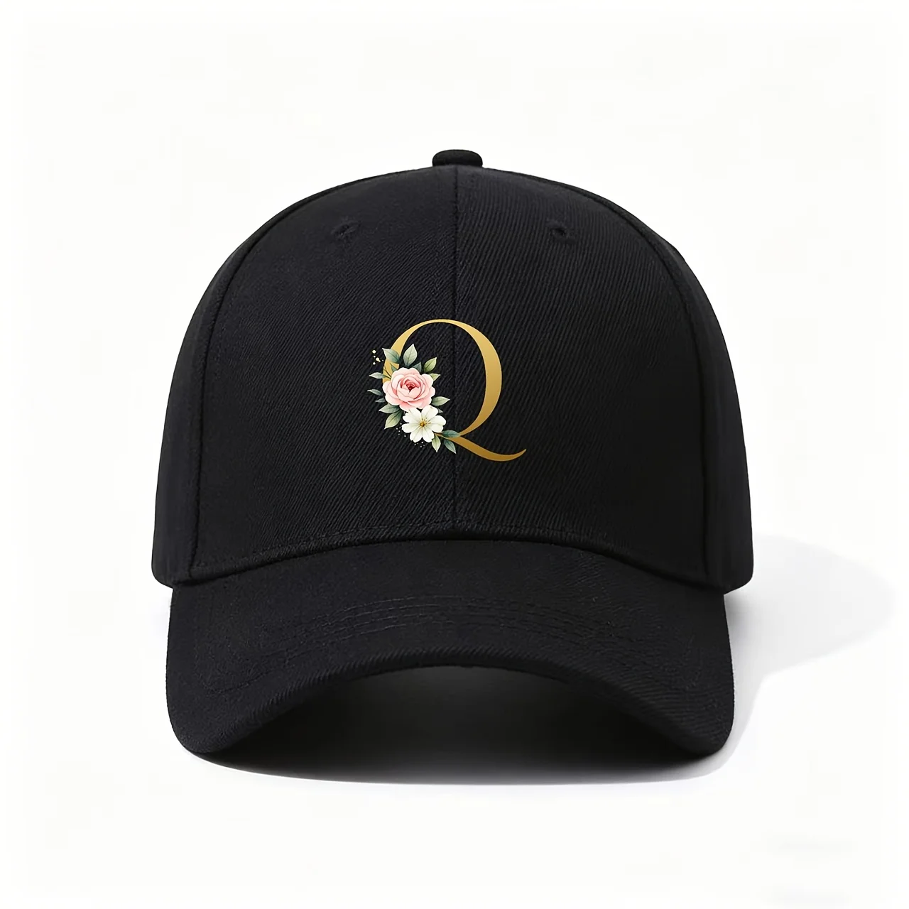 Baseball Cap, Golden Letter Q Rose Jasmine Watercolor Floral Elegant Luxury Romantic Wedding Anniversary Heartfelt Commemorative