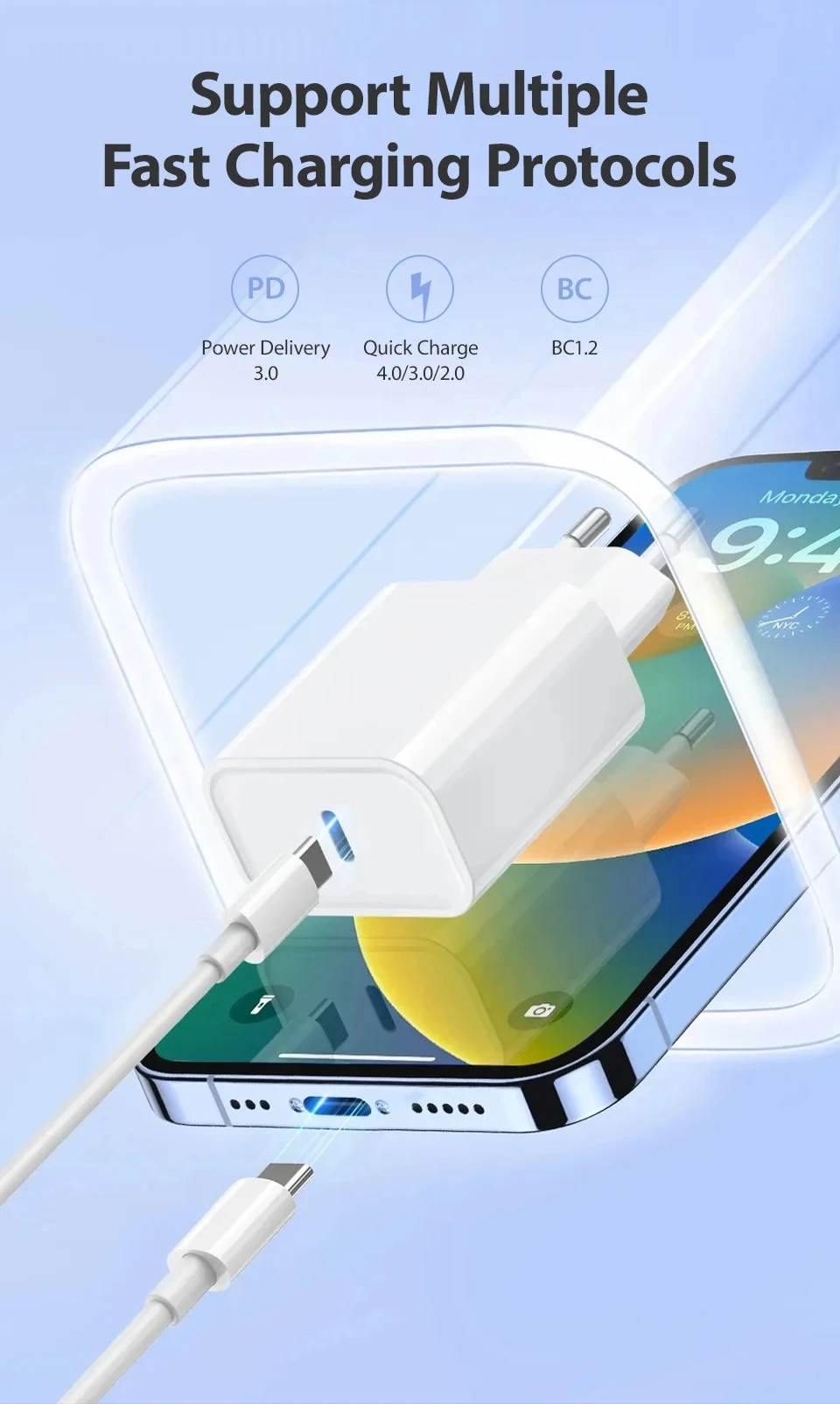 1-2Pcs PD 40W For iPhone 17 Pro Max Fast Charger For iPhone 16 15 Pro Max Plus Type C Quick Charging Data Cable EU Plug Adapte