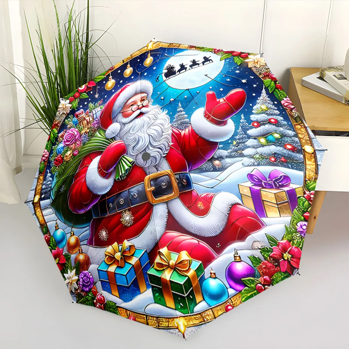 Colorful Christmas Santa Claus with Gifts and Snow Scene portable waterproof sun rain umbrella for outdoor travel beach