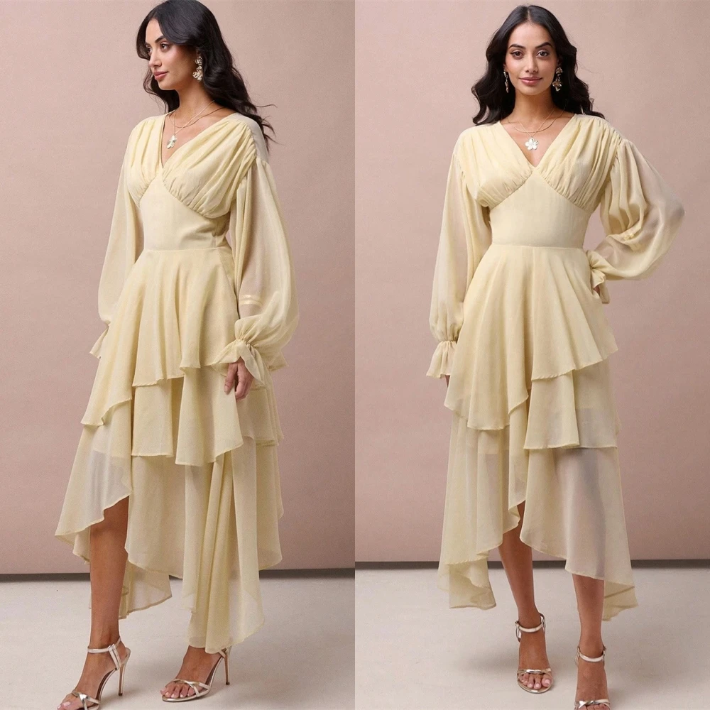 

Customized High Quality yellow Chiffon Evening Dress Elegant Graceful Sweetheart Long Sleeves Prom Dress Modern Homecoming Dress