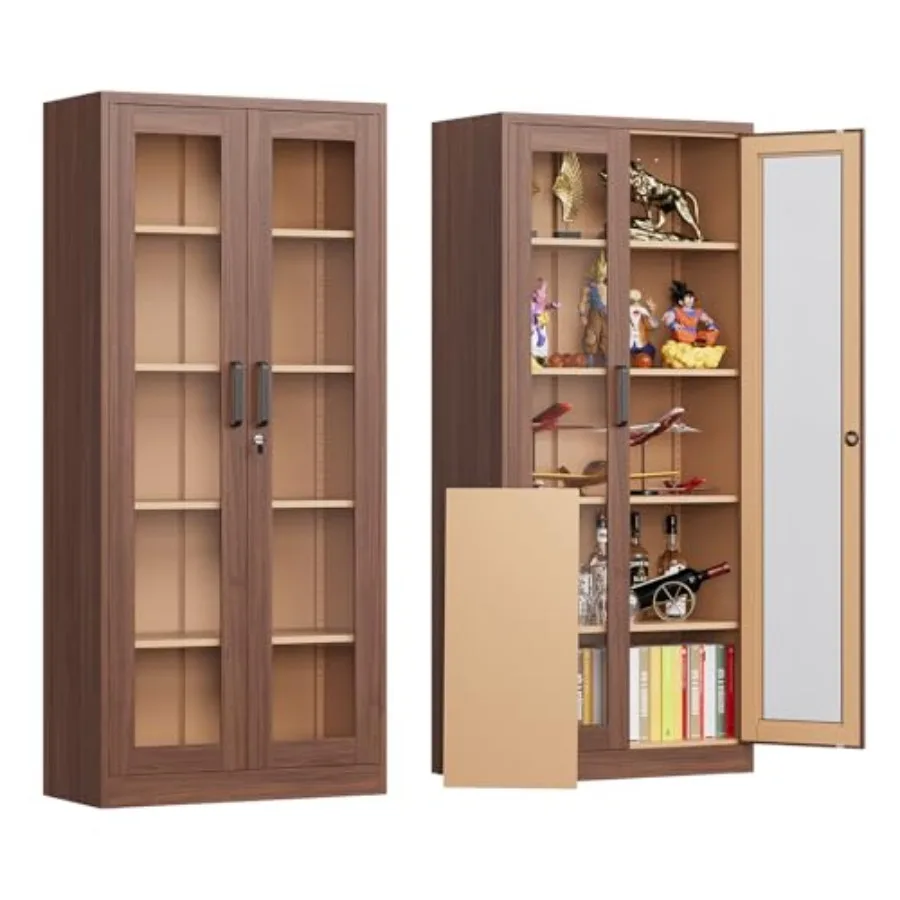 Living room display cabinet with glass door, metal construction, black finish, locking mechanism and adjustable shelves for col