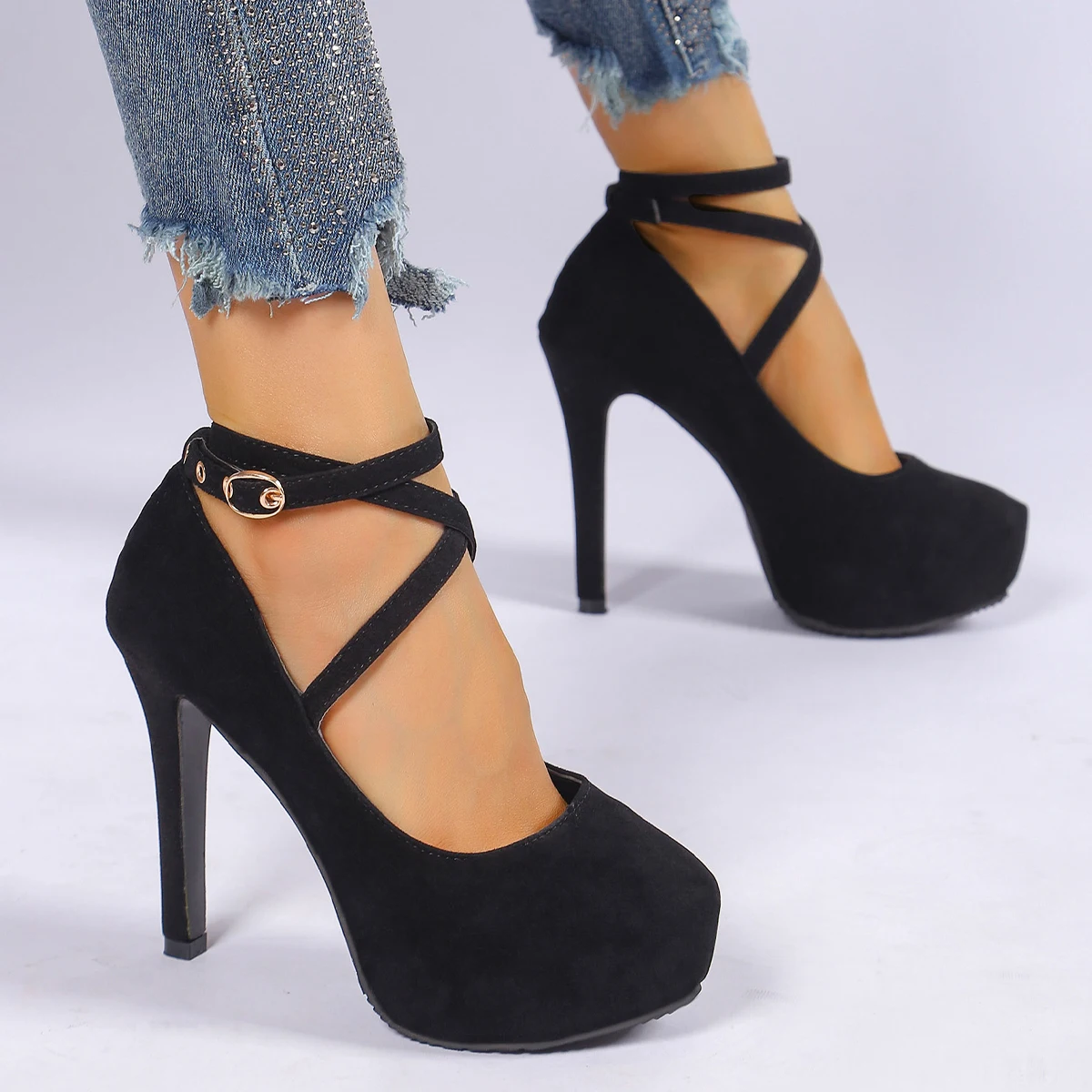 High Heels Women Pumps 2024 New Round Toe Platform Women Pumps Buckle Strap Sexy Stiletto Red High Women Shoes Zapatos De Mujer