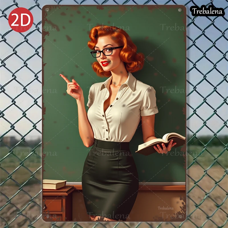 

1PC 2D Flat 8*12inch Metal Sign Retro Teacher Style Woman Reading Scene Tin Sign