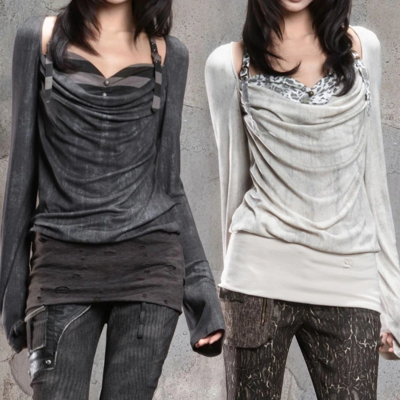 

New Design Sense Retro Fake Two Pieces Swinging Neck Pleated Medium and Long Thin Punk Top Bottoming Shirt Spring Women
