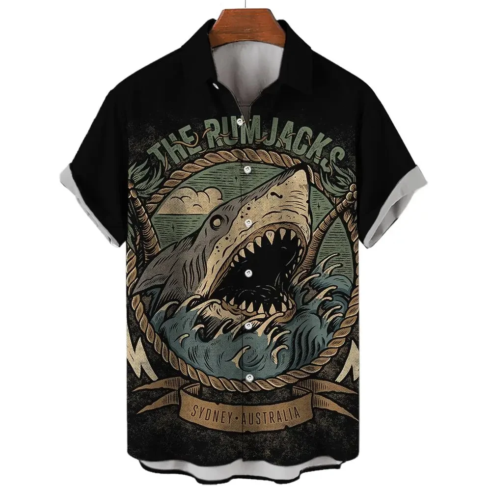 New Men Hawaiian Shark Blouse Tshirt 3D Animal Print Clothes Fashion Button Men's Shirts Short Sleeve Lapel Streetwear Shirt Top