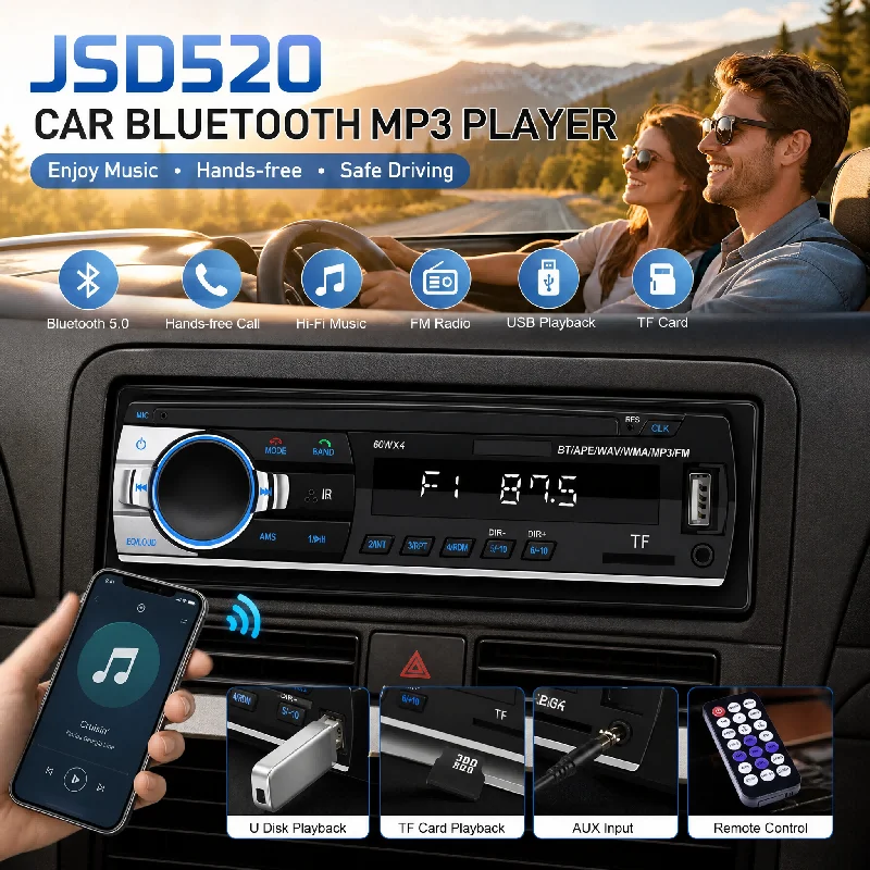 JSD520 Car Bluetooth MP3 Player Stereo Radio FM Receiver USB Sound System Card Insertion Audio for Vehicle