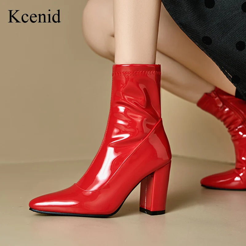 

Kcenid/Новые женские ботильоны на массивном каблуке с острым носком, осенне-зимние женские туфли на молнии для вечеринок, большой размер 45, 46, черный, красный