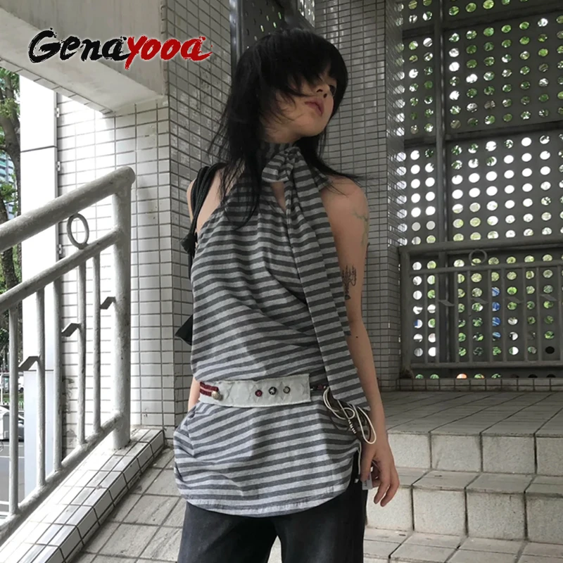 

Genayooa Japanese Y2k Tank Tops Women Striped Backless T-shirts Sleeveless Streetwear American Retro Camis Aesththic 2000s Tops
