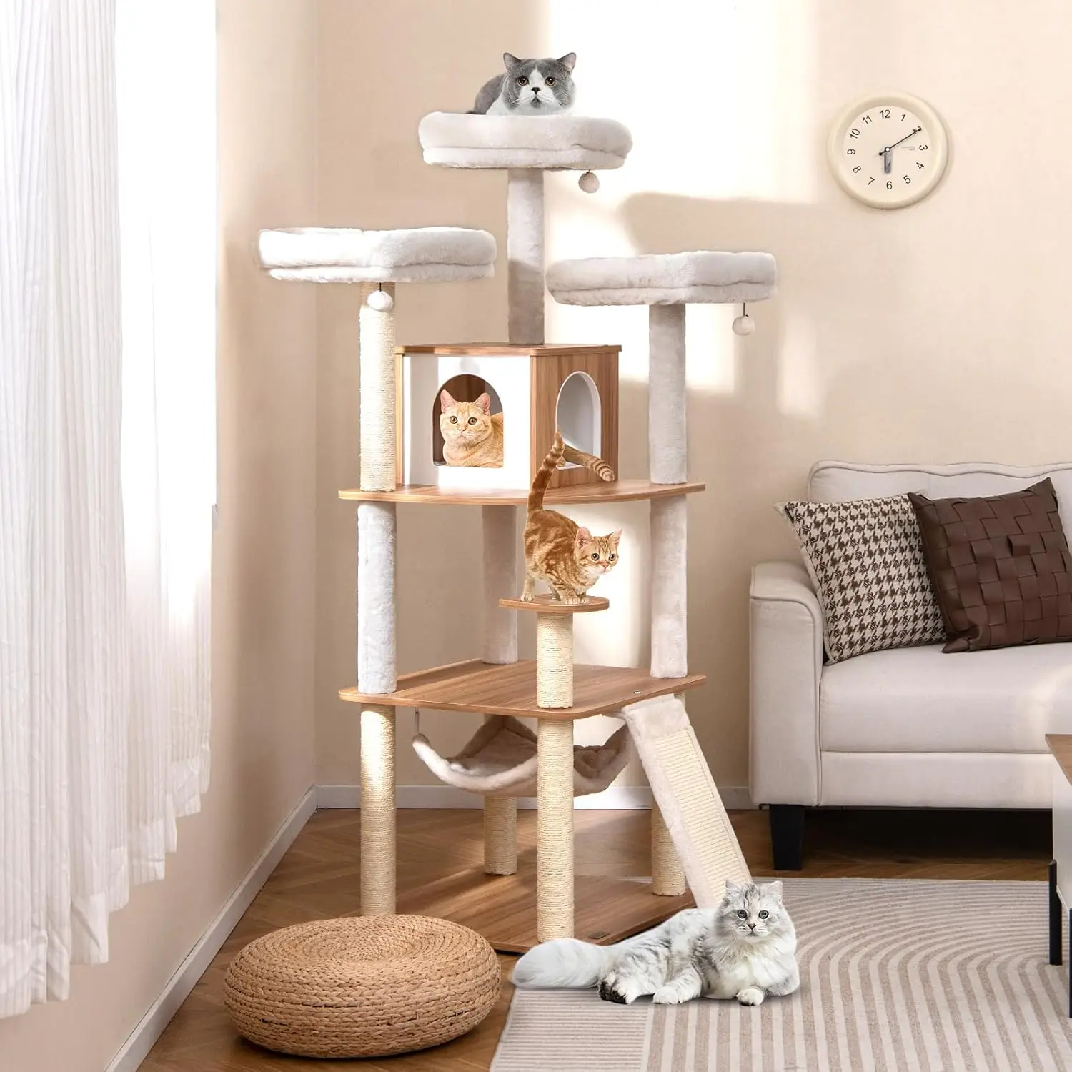 Tall Cat Tree, 68 Inch Modern Wood Cat Tower with Sisal Scratching Posts, 3 Padded Perches, Condo, 2-in-1 Ladder, Customized - view 2