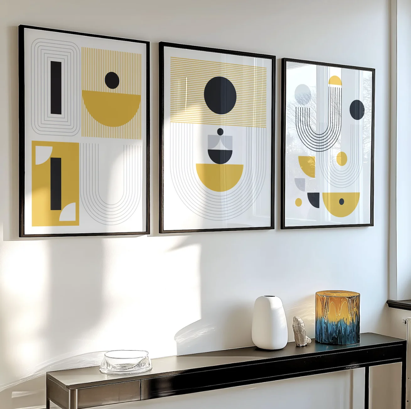 3Pcs Mid Century Geometric Canvas Prints, Yellow Black Abstract Posters, Nordic Minimalist Art for Living Room Bedroom Decor
