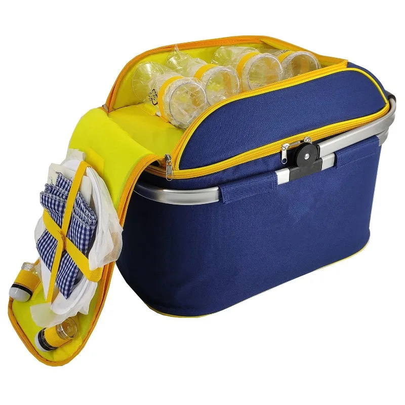 Large capacity 4-person picnic basket with foldable aluminum frame premium picnic bag