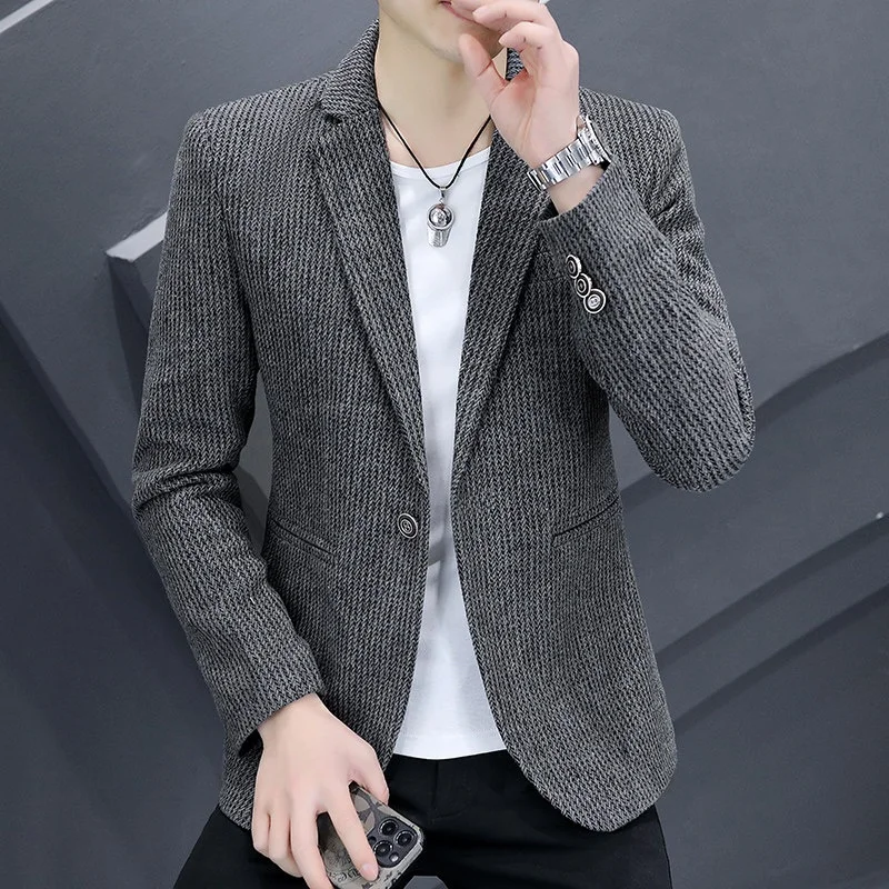 

Осенний мужской повседневный приталенный полосатый костюм Jaet, модная корейская молодежная верхняя одежда, топ Quali, смесь хлопка из полиэстера