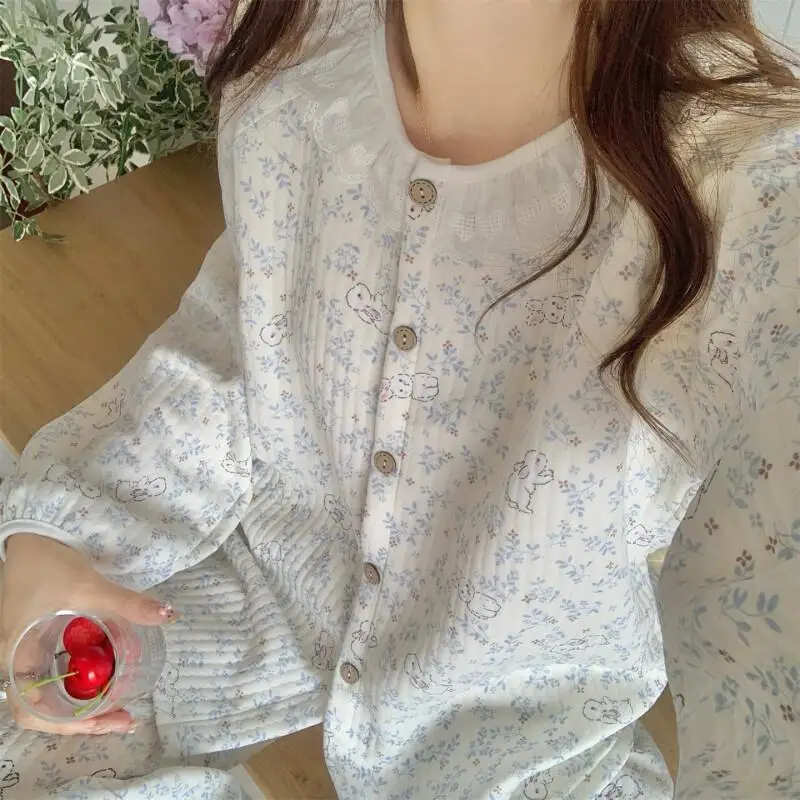 

Women's Pajama Autumn and Winter Air Cotton Thickened Warm Interlayer Home Suit Set Girl Homewear Sleeping Sexy Nightwear Set