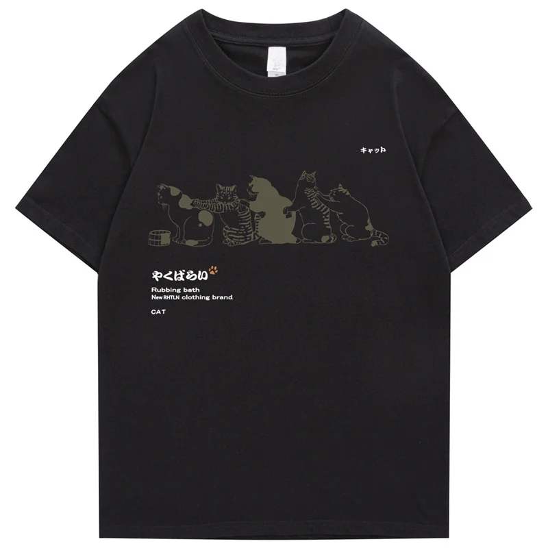 Camiseta de Hip-Hop para hombre, ropa de calle japonesa, Kanji, Harajuku, divertida camiseta de gato, camisetas de manga corta, camisetas de algodón