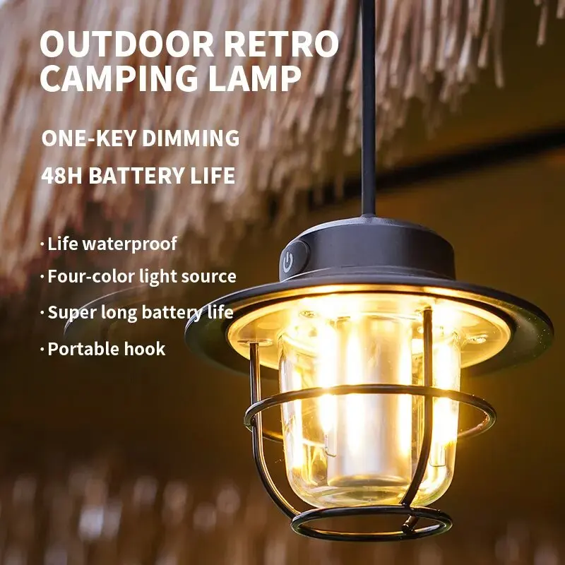 Retro Portable Camping Light Rechargeable Light Hanging Lamp Home 4 Modes Dimmable Torch with USB Lantern Camping Lighting