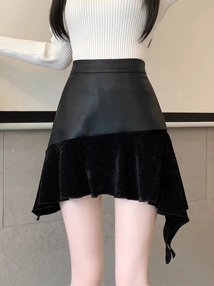 2024 Retro PU leather midi skirt women autumn high-end feel and irregular ruffle edge patchwork short skirt DQ1446