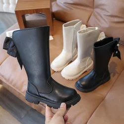 Girls Leather Boots with Pearl Bow Flat Bottom High Top Zipper Winte Anti Slip Waterproof PU Fashion Boots Sandalias De Mujer