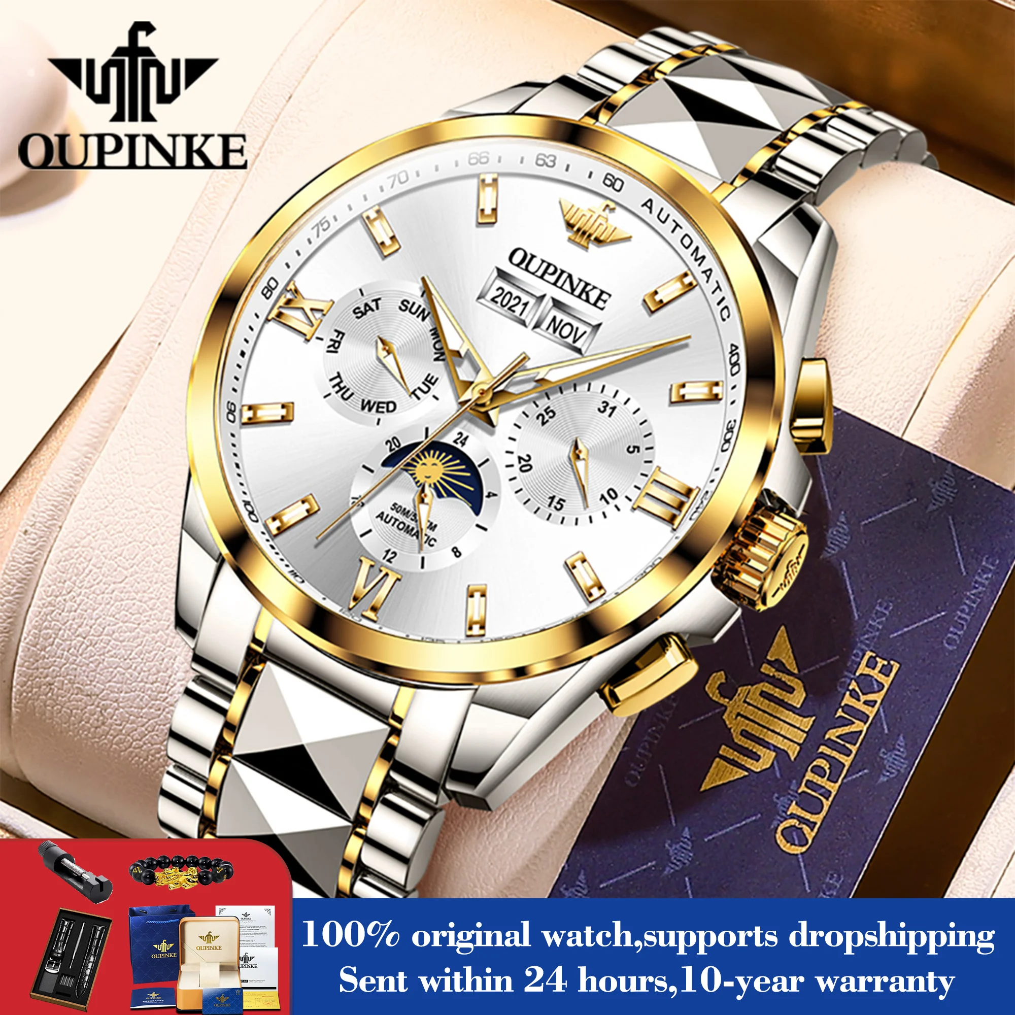 

OUPINKE 3201 Auto Date Mechanical Watch For Men Moon Phase Deep Waterproof Dress Hand Clock Luxury Original Man Automatic Watch