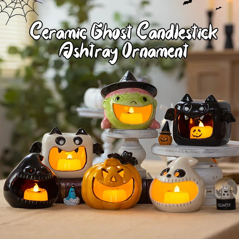 Ceramic Ghost Candle Holder Pumpkin Bat Candlestick Candy Storage Desktop Scented Candle Ornament Heat Resistant Home Decor Gift