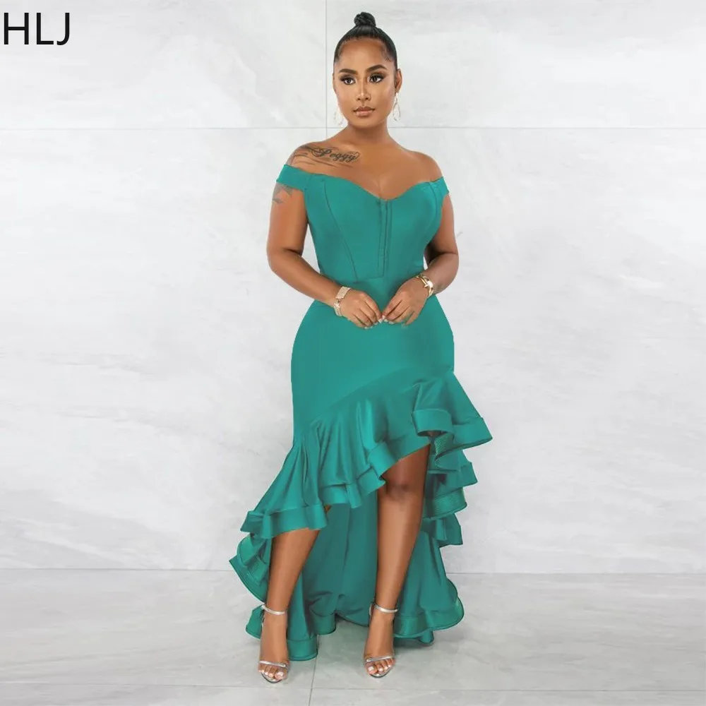 HLJ Sexy V Neck Off Shoulder Bodycon Irregular Ruffled Party Club Dresses Women Sleeveless Slim Vestidos Fashion Solid Clothing