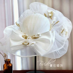 British Large Wedding Hat Brand Women Gauze Brim Flower Fedora Cap Bride Cocktail Horse Race Photo Shoot Formal Fedora Sombrero