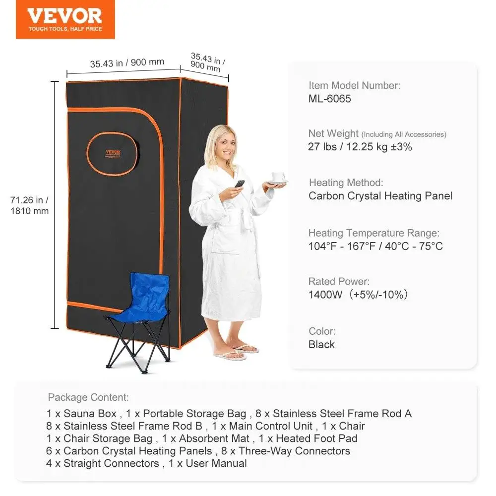 Portable Sauna Tent Full Size 1400W Infrared Heated Detox Therapy Remote Control Timer Temperature Control Chair Floor Mat