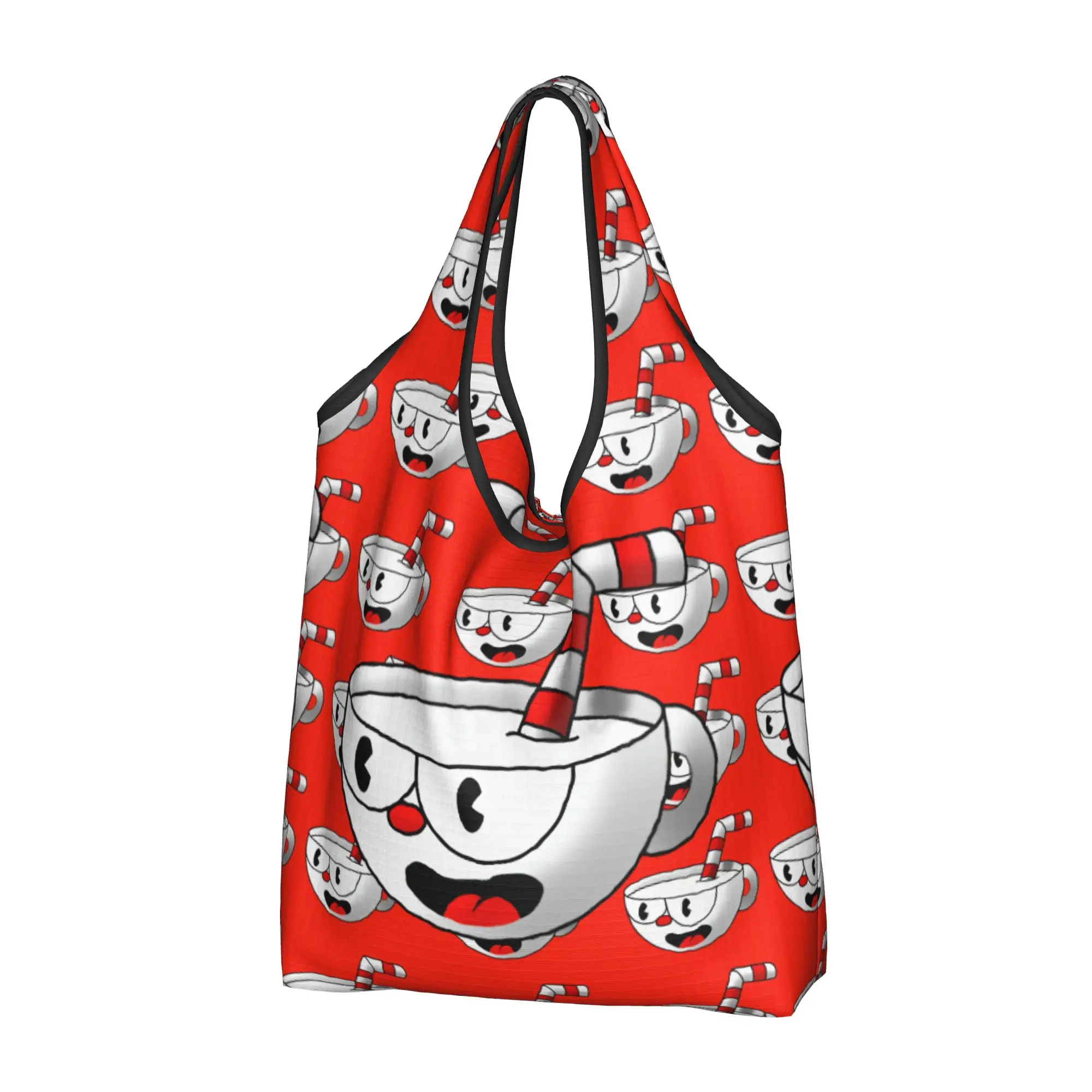 Vintage Retro Cartoon Music C-Cupheades  Groceries Tote Shopping Bag Kawaii Cute Shoulder Shopper Bag Large Capacity Handbag