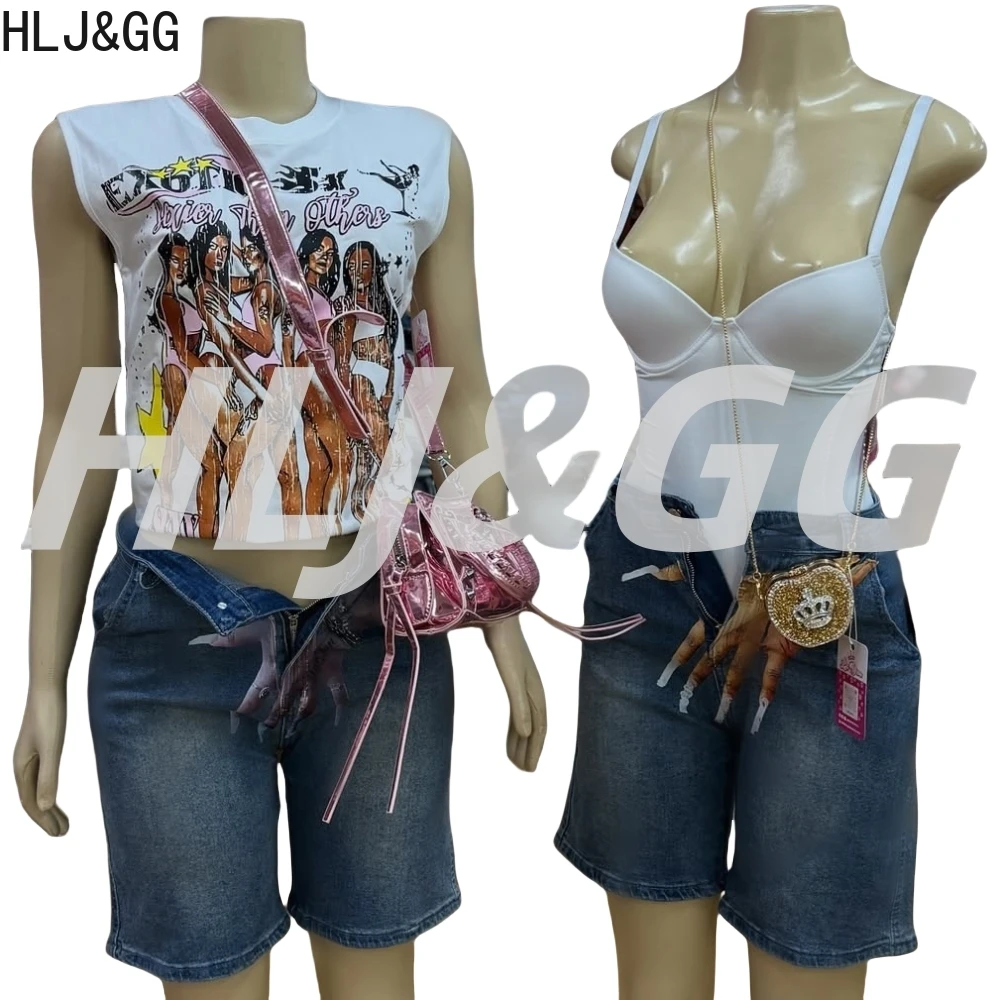 HLJ&GG Y2K Trend Pattern Printing Two Piece Sets Women Round Neck Sleeveless Top And Denim Shorts Outfit Fashion 2pcs Streetwear