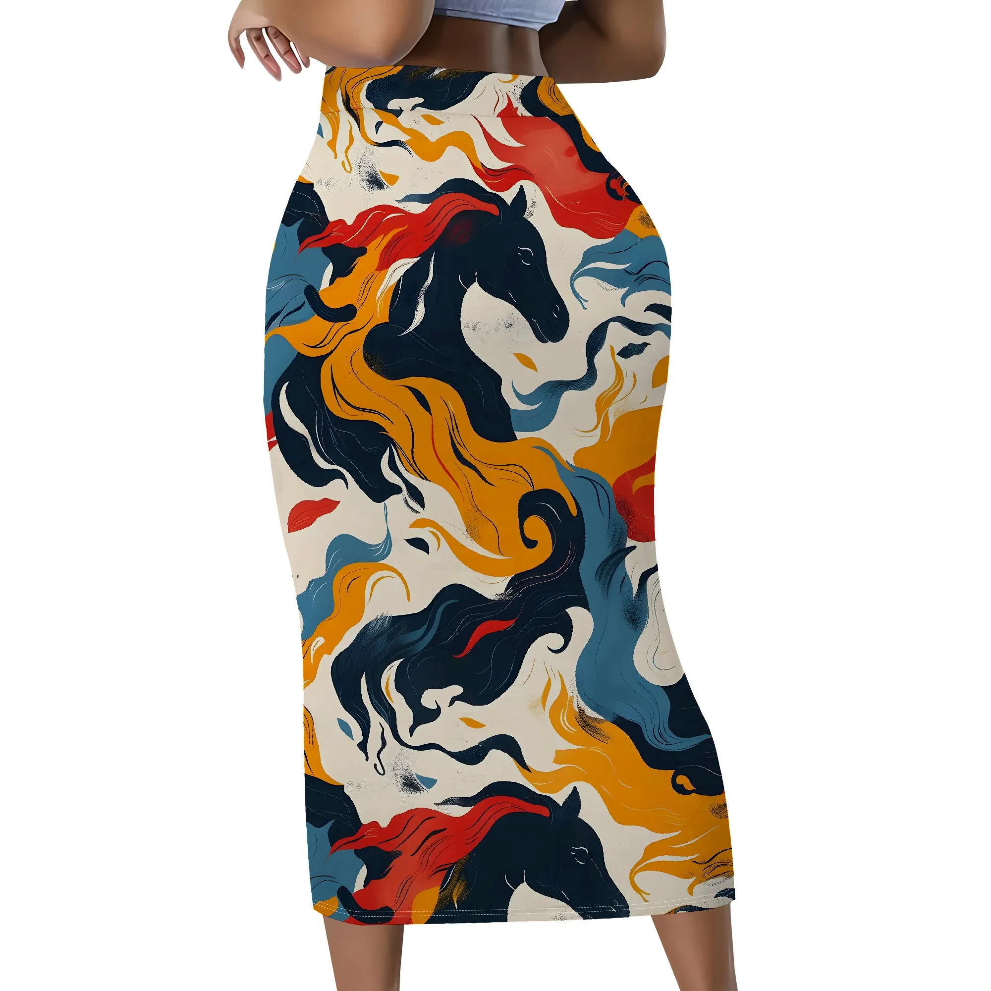 Künstlerischer Pferdedruck, Midi-Bleistiftrock, Abstraktes Tiermuster, Hochgeschnittener Bodycon-Rock, Modische Büro- und Partykleidung, S-2XL – Detail 3