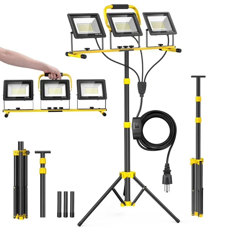 

LED Work Lights with Stand, 21000 Lumen 3Head Adjustable Work Light, IP66 Waterproof Construction Tripod Light, Foldable amp Por