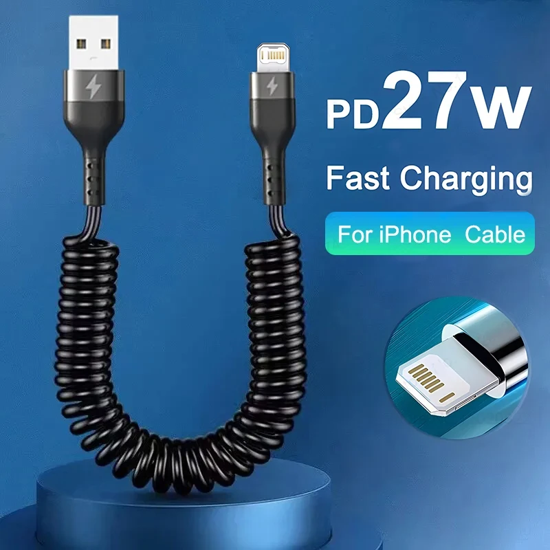 PD 27W Fast USB C Car Charger สําหรับ iPhone 15 14 13 12 11 Pro Max Plus X XR XS ฤดูใบไม้ผลิ Telescopic สายชาร์จอุปกรณ์เสริม