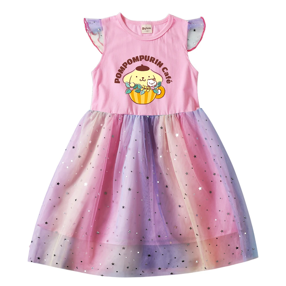 Pompompurin Summer Kids Dresses for Girls Cartoon Short Sleeve Princess Dress Children's Prom Mesh Dresses