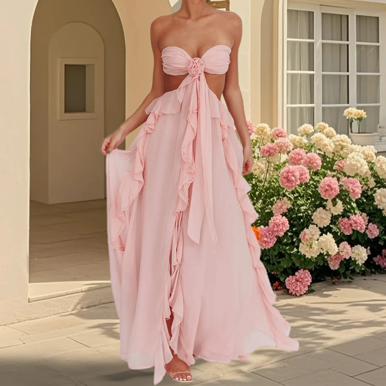 สตรี Boho ชุด Maxi เซ็กซี่ y2k Fairycore Backless Tie กลับ Cutout Ruffles Flowy ชุดยาว Strapless Beach Party Sundress