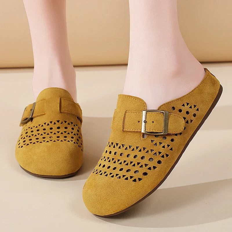 

Summer Women's Slippers Retro Breathable Hollow Cow Suede Clogs Slippers Outdoor Non-slip Comfortable Women's Beach Slides