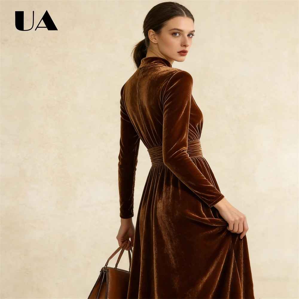 Fluwelen lange avondjurk voor dames, hoge hals, lange mouwen, ruches in de taille, vloeiende maxi-silhouet, formele jurk voor cocktailgala